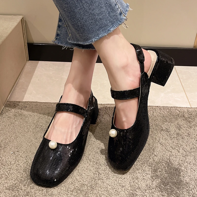 

Rimocy Women's Silver Glitter Pumps Summer 2022 New Pearl Square Toe Mary Janes Woman Shining Sequins Thick Heel Shoes for Women