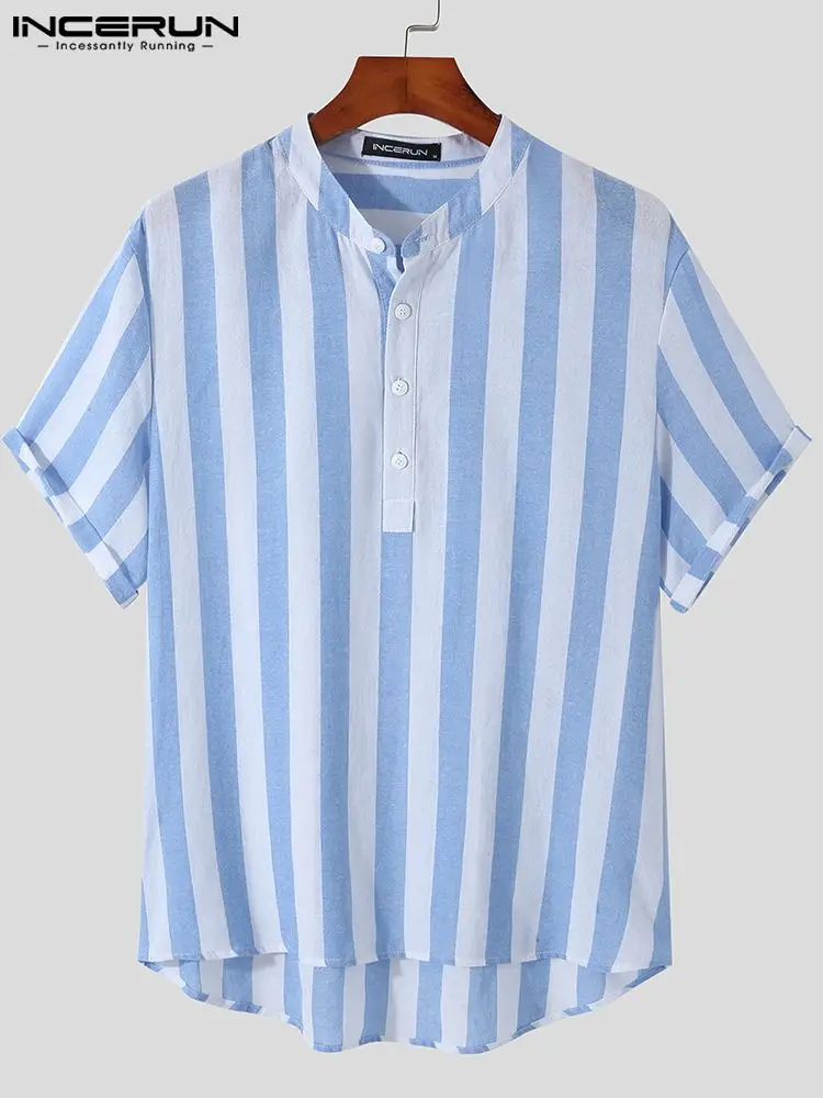 INCERUN Tops 2022 Handsome All-match Men's Short Sleeve Half Open Shirts Summer Male Casual Streetwear Style Stripe Blouse S-5XL