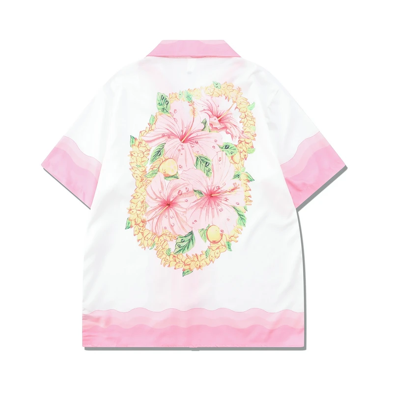 Gradient Pink White Floral Pattern CASABLANCA Shorts Shirt Set Thin Fabric Men Women Hawaii Beach Holiday Short Suit