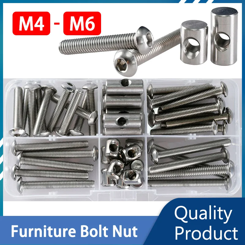 

Stainless Steel Hex Hexagon Round Cap Screws Wood Furniture Dowel Pin Threaded Barrel Hammer Nuts Set Bolt Kit Embedded M4 M5 M6