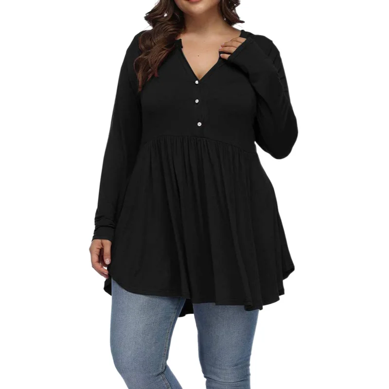 

V Neck Buttoned Plus Size TShirt For Curvy Women Spring Autumn Full Sleeve Casual Female Fashion Pleated Large Size Peplum Tops