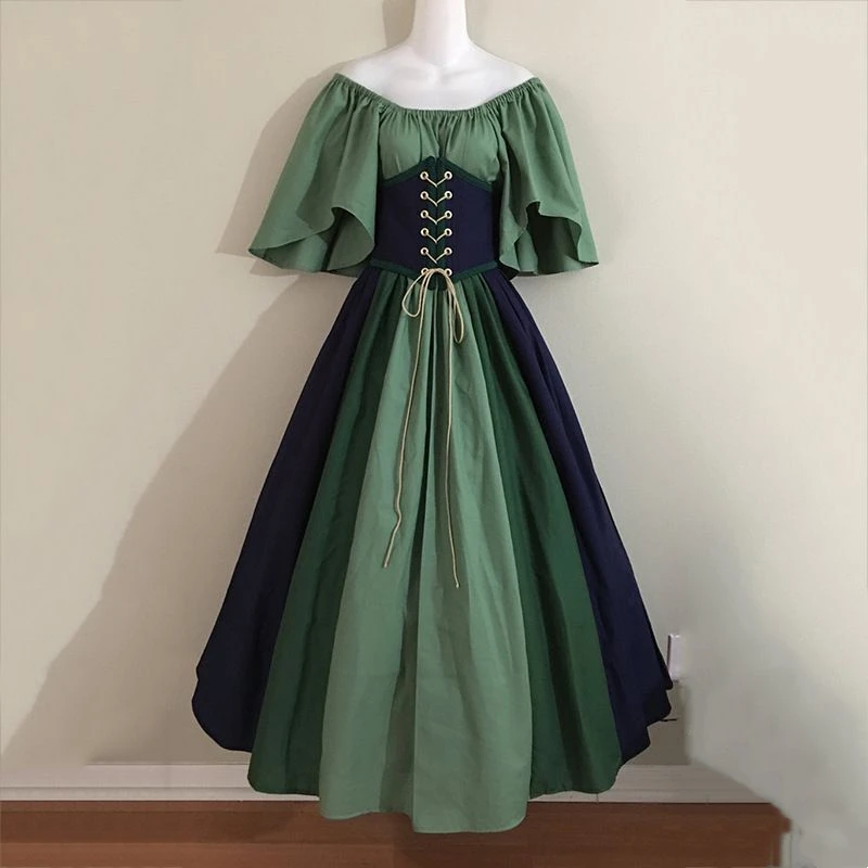 

European Victorian Medieval Retro Gothic Contrast Color Lolita Stitching Fly Sleeve Lace Up Large Swing One Shoulder Dress