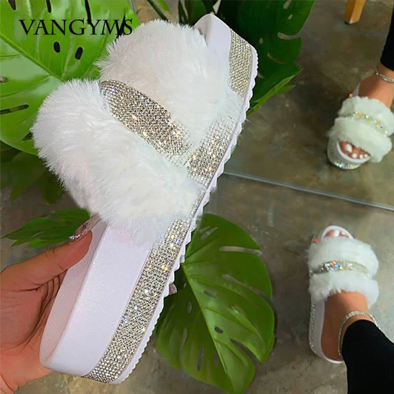 

Luxury Designer Women Fur Rhinestone Slippers Platform Wedges Heel Solid Fluffy Furry Slides Outside Sexy Shoes Ladies Whosale