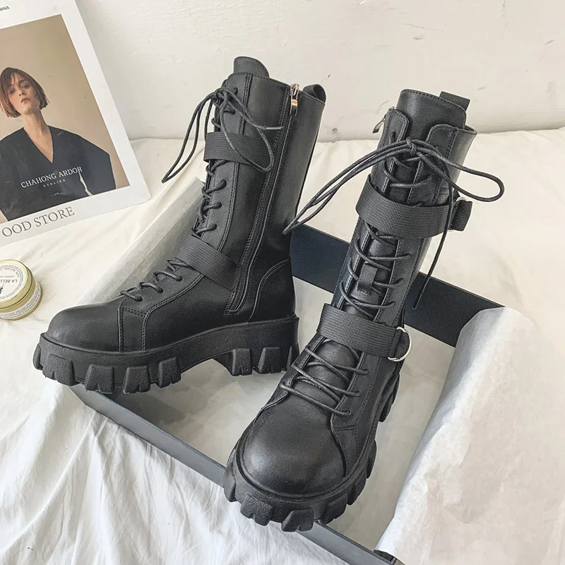 

Rock Shoes Woman Boots Women New 2022 Lace Up Booties Ladies Round Toe Luxury Designer Flat Heel Lolita Med Fashion Sports