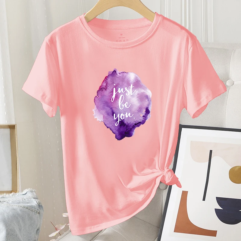 

Summer Female Graphic Fashion Daily Sweatwear Ladies Regular Casual 100% Cotton Short Sleeve Letter Print Woman O-Neck Tees Tops