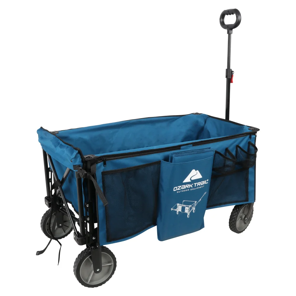 Quad Folding Camp Wagon with Tailgate, Blue Beach Cart  Folding Cart  Beach Trolley  Beach Wagon