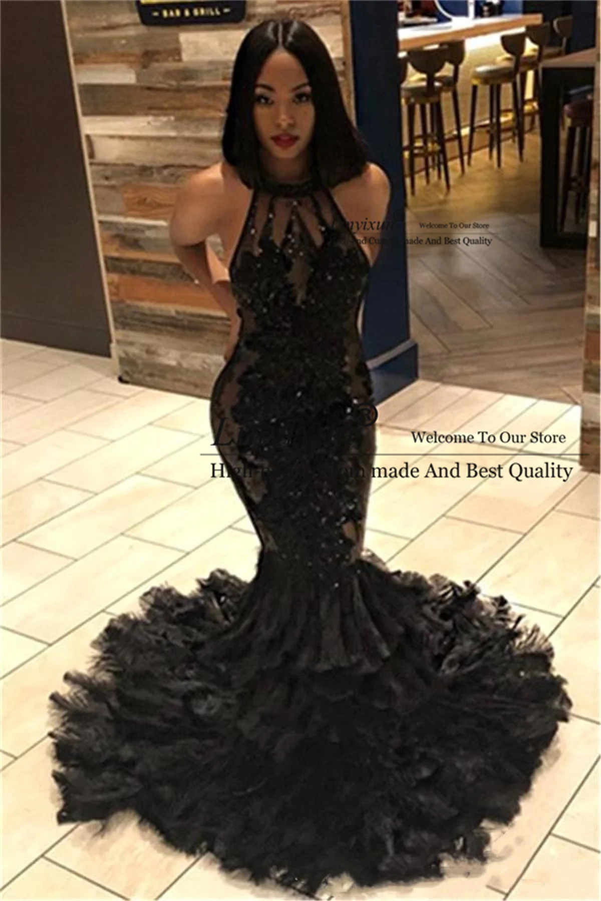 

Sexy Backless Mermaid Prom Dresses Halter Illusion Tulle Applique Beaded Feather Long Evening Gown Black Girl Party Dress