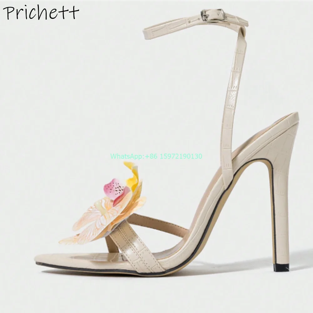 Туфли женские на шпильке элегантные кремовые босоножки с орхидеями заостренный