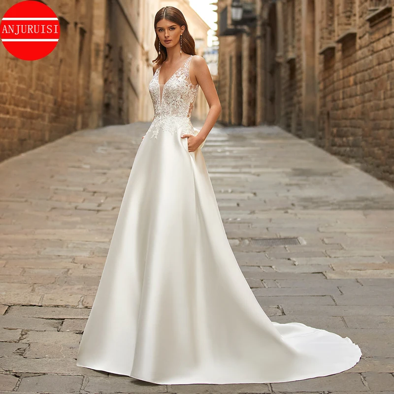 

Elegant Lace Appliques Wedding Dresses For Women 2023 Bride Gown Soft Satin Sexy Vestidos De Novia Boda Trouwjurk Suknia Ślubna