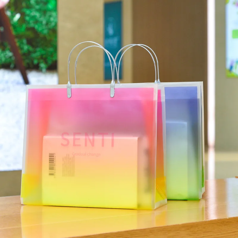 

Fashion PVC Transparent Frosted Plastic Tote Hanbag Shopper Grocery Bag Reusable Shopping Gift Washing Cosmetics Storage