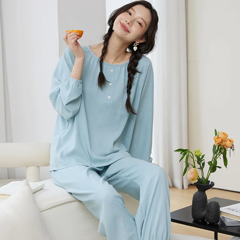 Spring Pajamas Set for Women Comfort Breathable Long Sleeve Trouser Pants Pyjama Sets Simple Ladies Home Wear Clothing Sleepwear