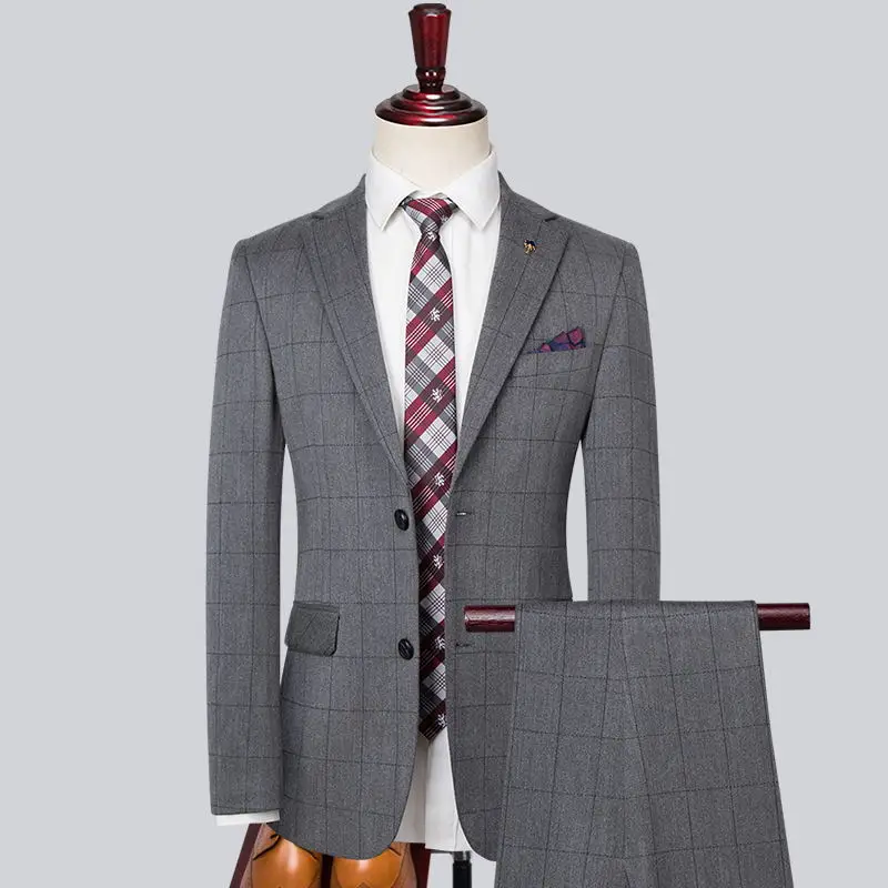 

Boutique (Blazer + Trousers) Men's Suit Elegant Fashion Business Italian Style Casual Slim Gentleman Plaid Formal Suit 2 Pieces