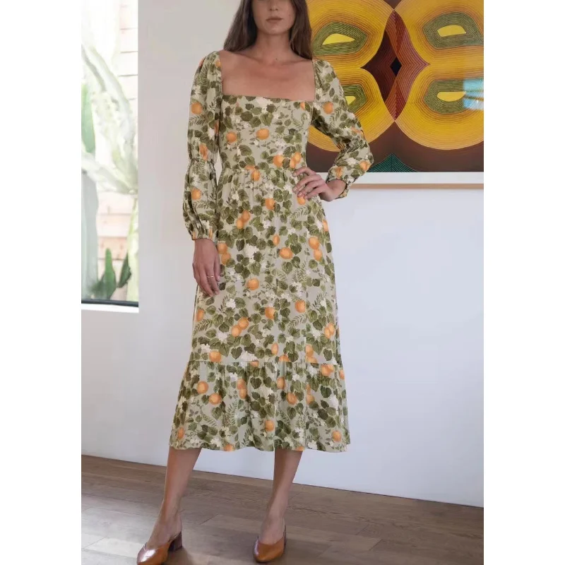 

2023 New collection Top Quality Chic Printing Square Collar Women Vintage Midi Dress for Vacation