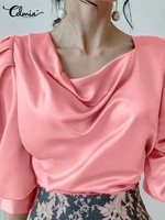 celmia vintage office blouses summer cowl neck blusas pleated shoulder women tops satin 34 sleeve holiday 2022 fashion shirts