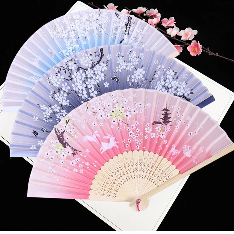 

Retro Chinese Silk Folding Fan Japanese Student Bamboo Hand Folding Fan Dance High Quality Home Decoration Ornament Craft Gift
