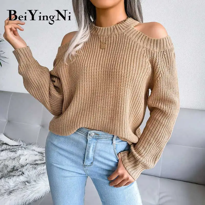 

Beiyingni 2022 Autumn Winter Women's Sweater O-neck Off Shoulder Solid Casual Knitting Ladies Jumper Loose Khaki Street Pullover
