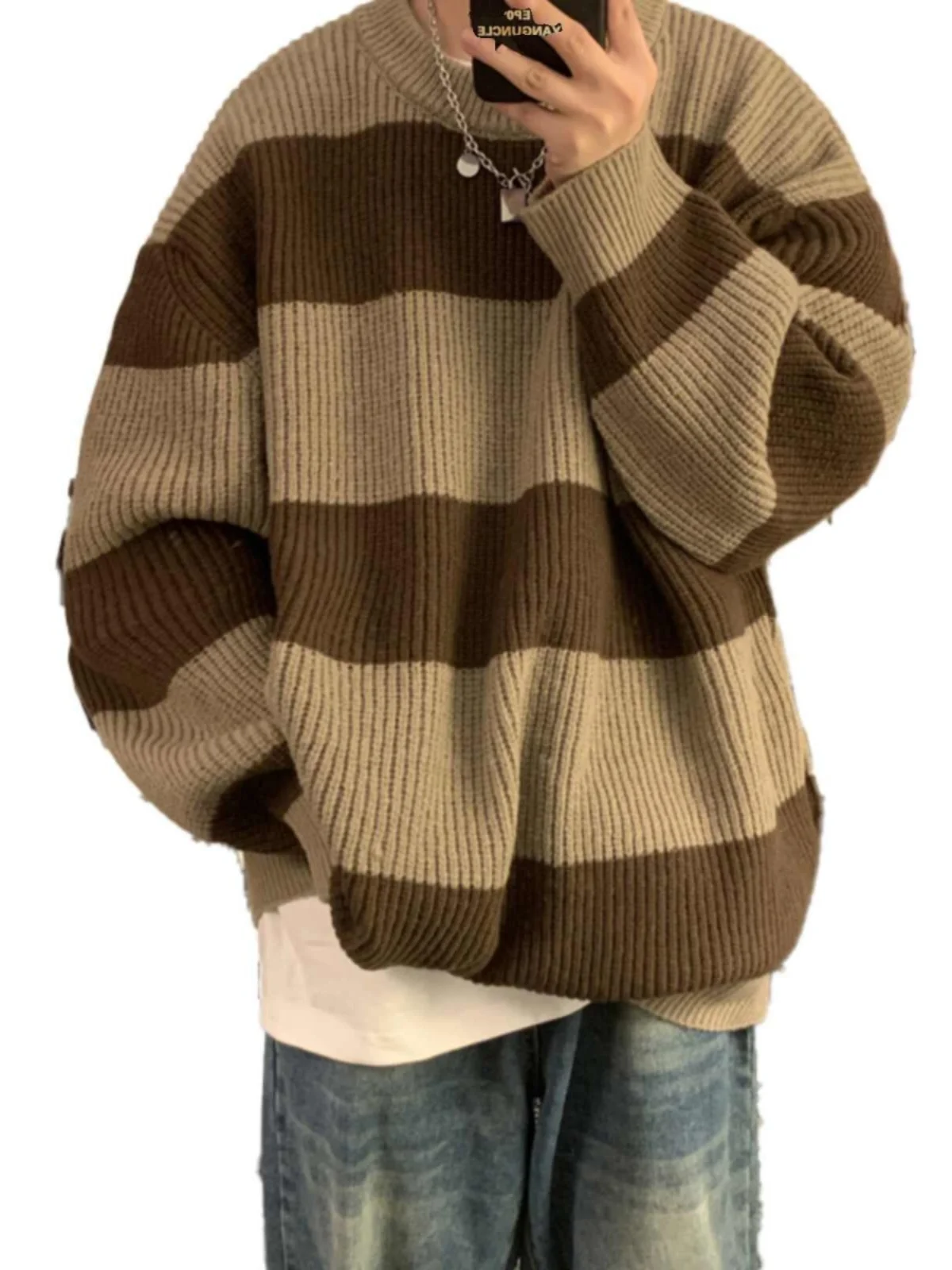 Stripe Round neck sweater Men's Autumn and Winter Thickened Warm Loose Base Cotton Knitwear American vintage Contrast Color F... |