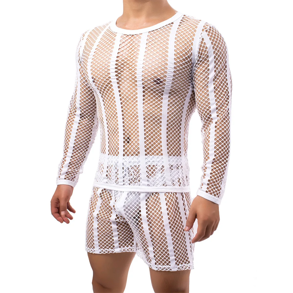 

Men's Mesh Tops Long Sleeve T-shirts Hollow Out Mesh Shirts Lingerie Sexy Boxer Underwear Erotic Porno Nightwear Men Clothes Set