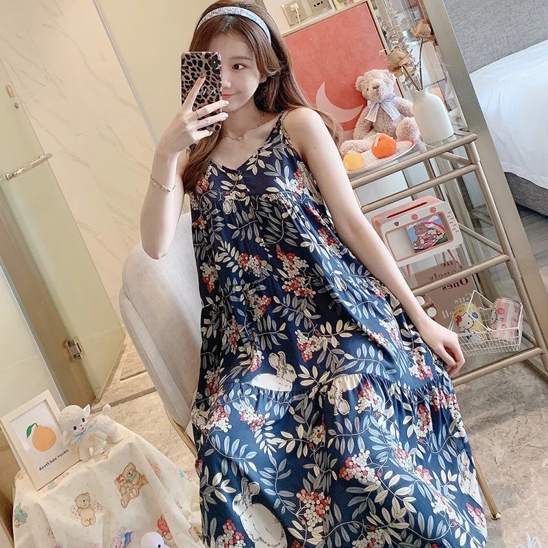 Night Gown Summer Nightwears For Ladies Sexy Nightdress Sling Cotton Silk Sleep Dress Women