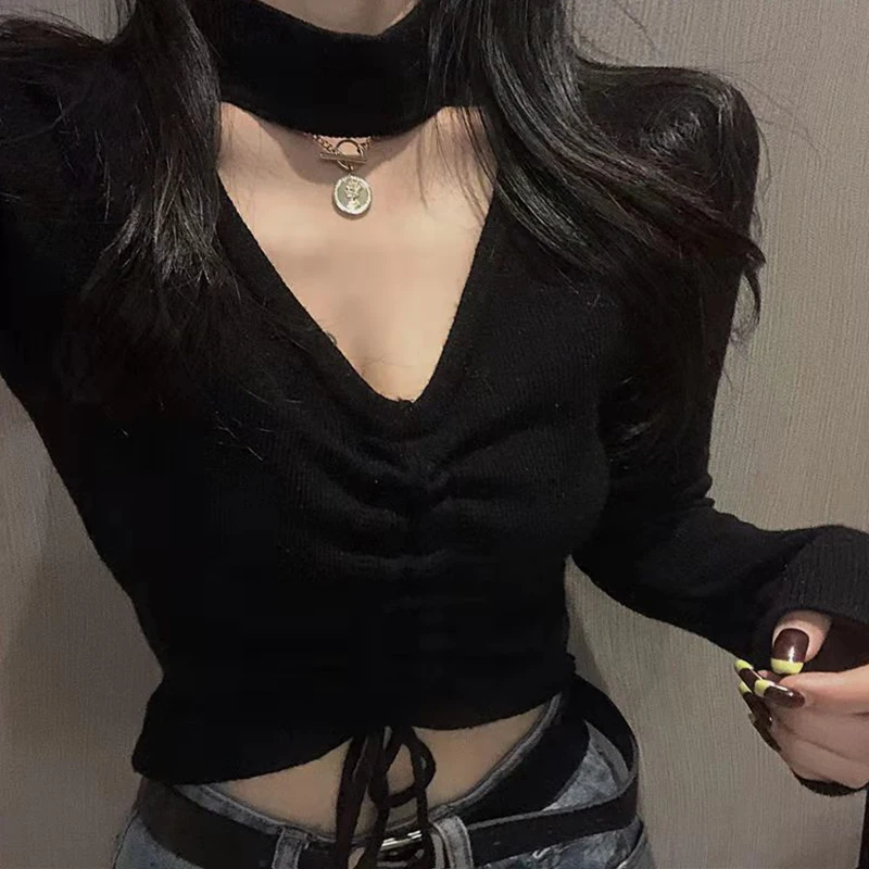 

Lucyever Black Sexy Deep V Neck Women's Knitted Sweater Drawstring Tie Up Ruched Slim Fit Knit Pullover Ribbed Crop Top 2021 New
