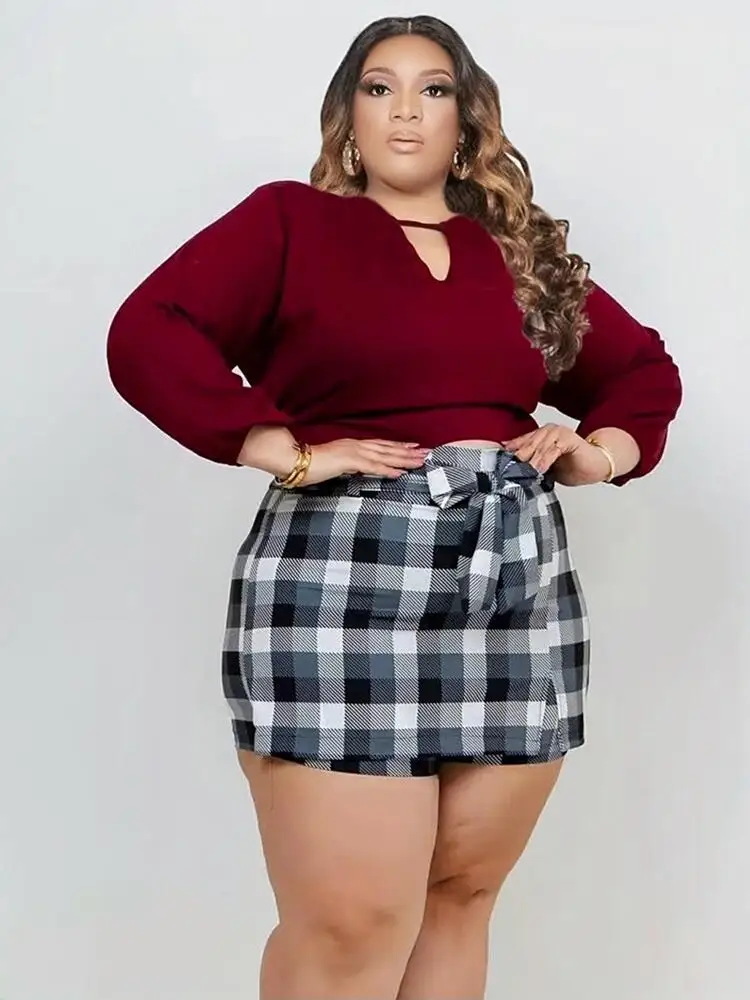 Plus Size Woman Clothing Knit Two Piece Set Long Sleeve Crop Lady Female Casual Sexy Plaid Skirt Set Wholesale Bulk Dropshipping