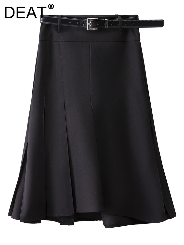 

DEAT Fashion Women's Skirt High Waist Pleats Zip Belt Loose Umbrella A-line Black Mid-calf Skirts Female Autumn 2023 New 17A9993
