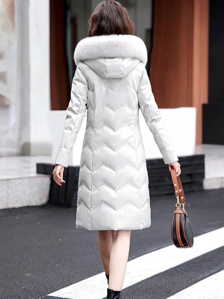 New Women Leather Down Coat Winter Casual Fashion Warm Real Fox Fur Collar Hooded Sheep Leather Down Jacket Slim Long Thick Coat