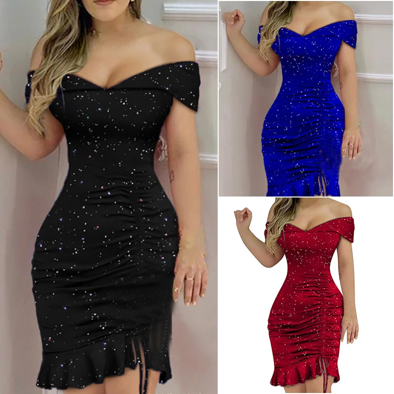 

Женское мини-платье с открытыми плечами, облегающее платье-карандаш с блестками, элегантное вечернее коктейльное платье, 2022