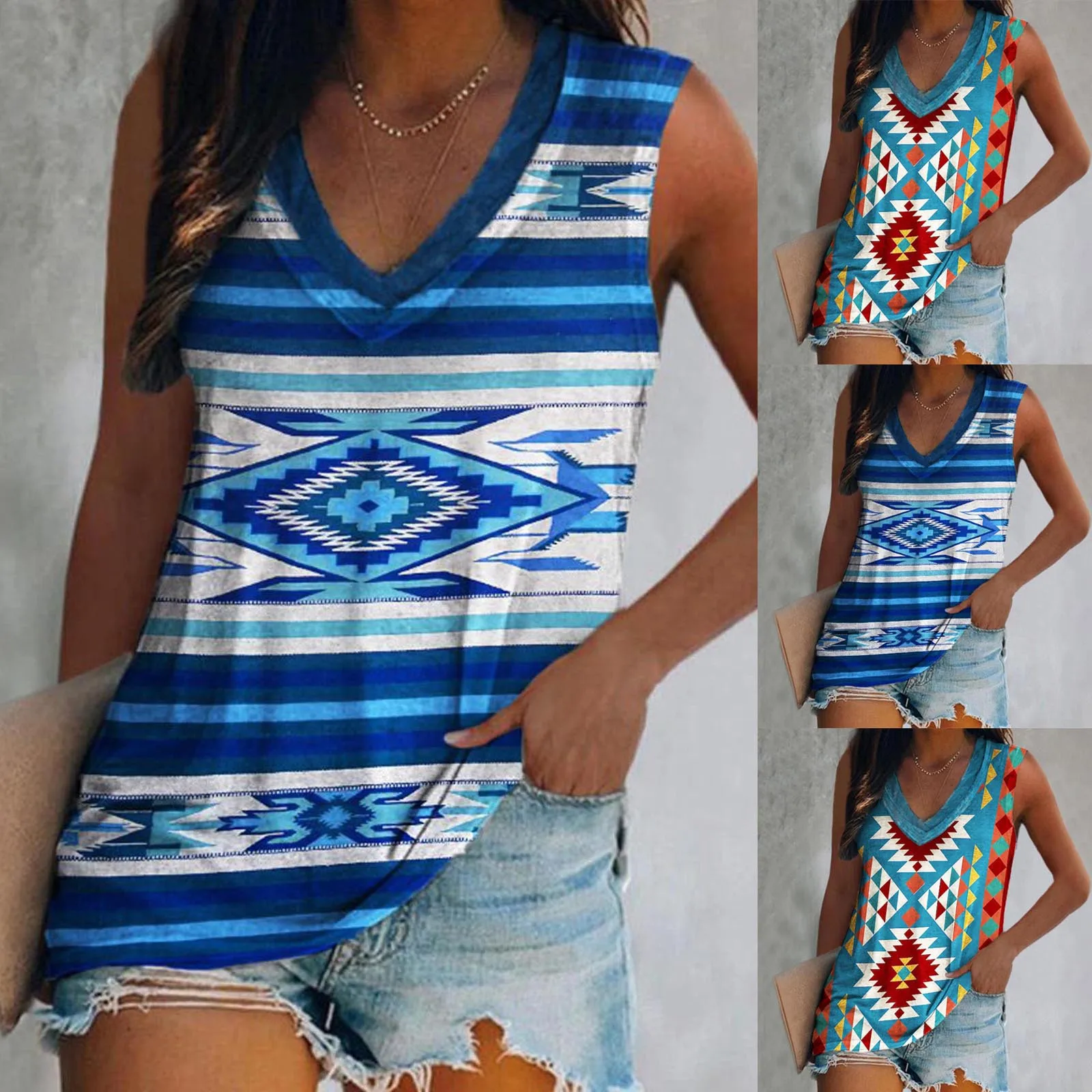 

Womens Western Tops Vintage Ethnic Print Sleeveless Tank T Shirts Shirts Loose Fit V Neck Black Long Cotton 3x Workout Shirts
