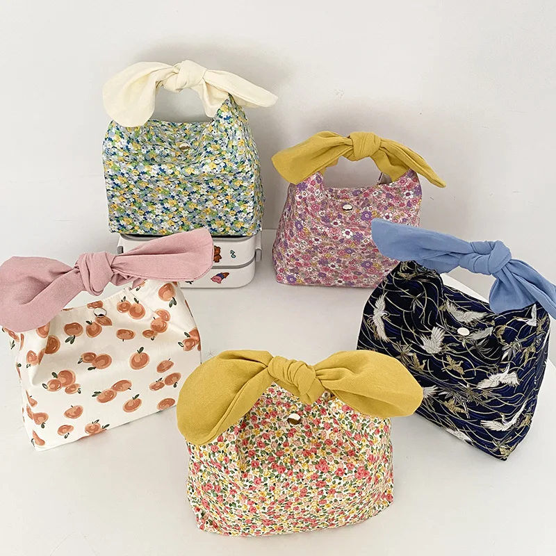 Hylhexyr Women Canvas Lunch Bag Cute Rabbit Ear Bento Bags Mini Handbag Work Student Lunch Box Snap Closure Design