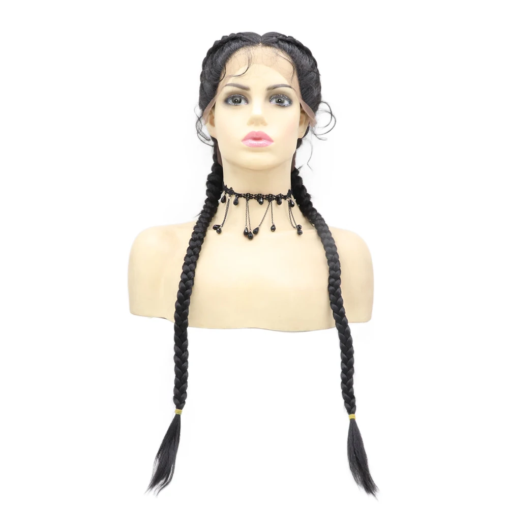 Long Black Dutch Twins Braid Wig Synthetic Lace Front Box Braided Wig Heat Resistant Fiber Daily Makeup Wigs for Women 30 Inch