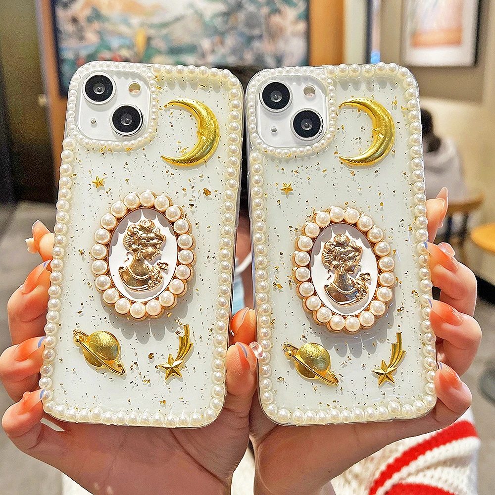 

Luxury 3D Pearl Surround Girl Bling Gold Foil Clear Phone Case For iPhone14 13 11 12 Pro Max X XR XS 7 8 Plus Protect Back Cover