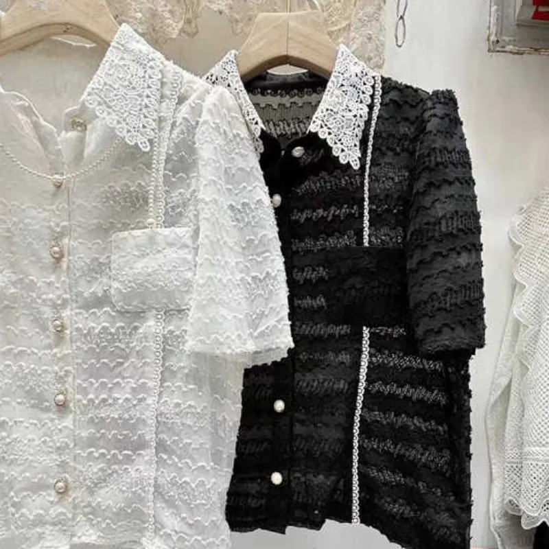 Элегантная винтажная кружевная блузка Neploe с отложным воротником Новинка лета 2024