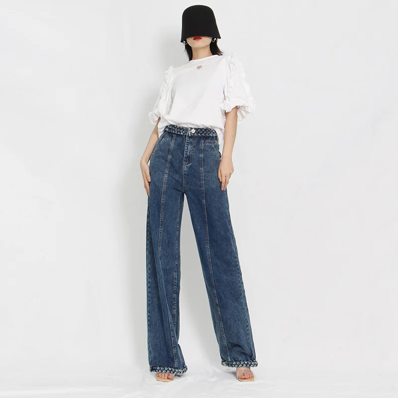

Loose Street Hipsters Drape Woven Denim Pants Fashion High Waisted Straight Mopping Trouser 2022 Summer New Wide Leg Women Jeans