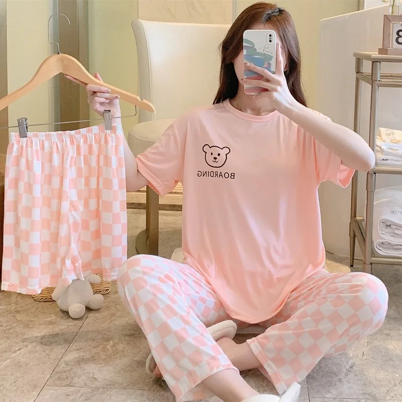 

Three-piece Pajama Sets Short Sleeved Underwear Cartoon Bear Cotton Plaid Sleepwear Women's Pajamas Lounge Homewear Mujer 2023