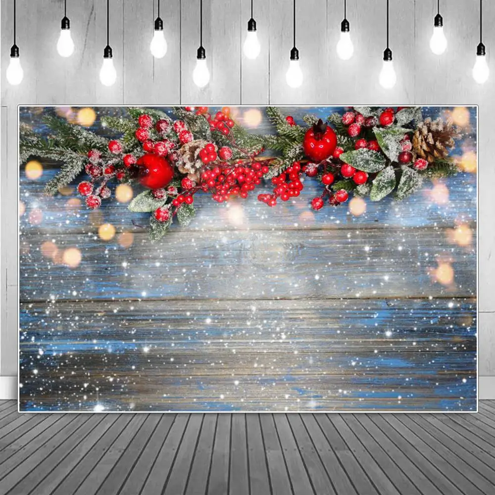 

Фон для фотосъемки с изображением красных бобов рождественских огней пятен доски детские голубые доски снега украшение студийный фон для ф...