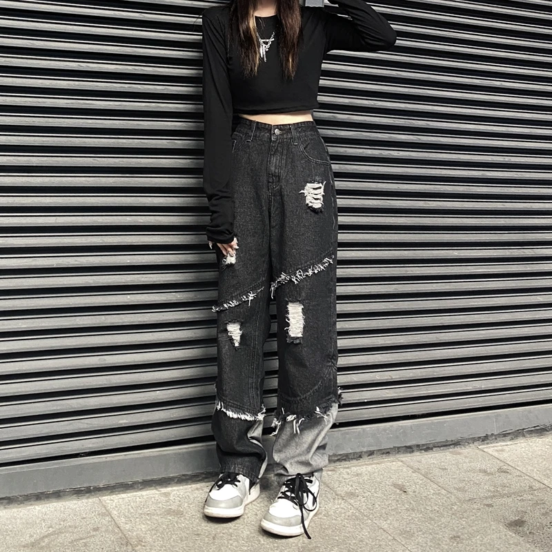 

Брюки женские прямые с широкими штанинами, рваные, в стиле панк