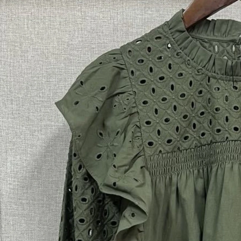 

2023 Spring New Shirt Ruffled Small Flying Sleeves Pleated Hollow Cotton Shirt Long-sleeved Women Top