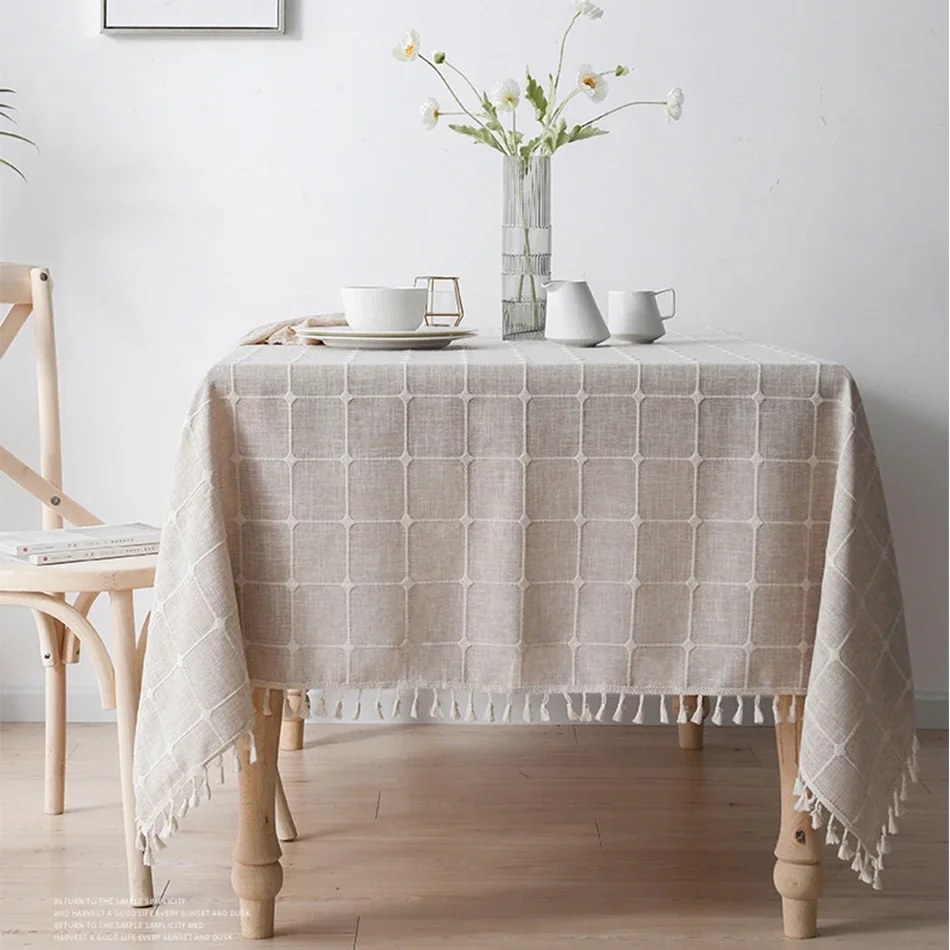 

Checkered Lace Tablecloth,Cotton Linen Tassels Dust-Proof Table Cover,For Dinning Party Wedding Decor