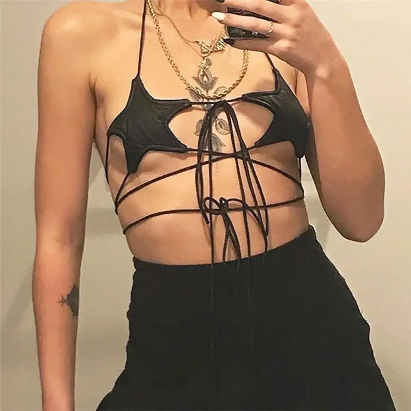 

Womens Sexy Glitter Reflective Five-Pointed Star Bra Strappy Bandage Halter Top Bralette Nightout Clubwear Metallic Solid Color