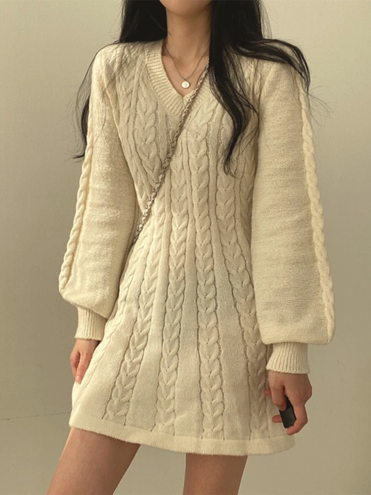 

HOUZHOU Winter Sweater Dress Women Casual High Street Solid Elegant Knitting Dress V-Neck Lantern Sleeve Loose Female Robe