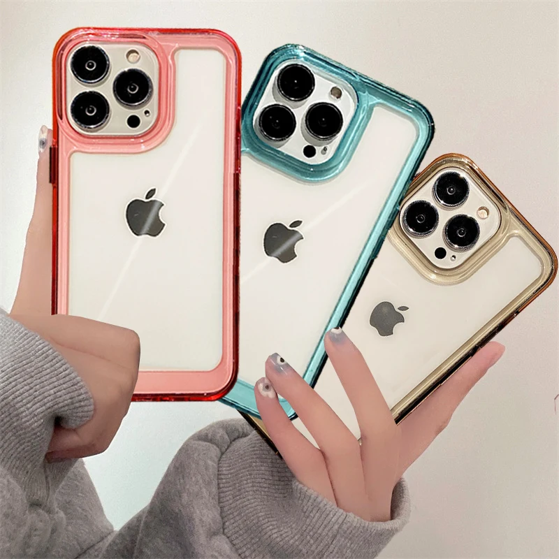 

Candy Color Transparent Soft Phone Case For iPhone 13 12 11 Pro X XR XS Max SE 2020 Metal Buttons Clear Protective Back Cover