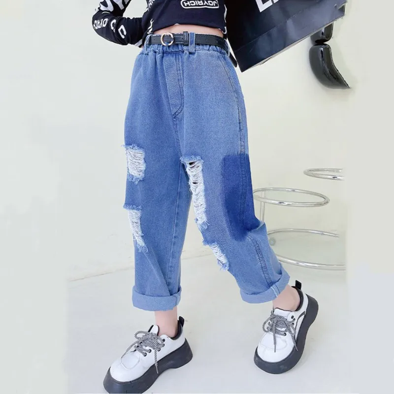 

Новые модные рваные джинсы для девочек, джинсовые брюки, свободные прямые брюки в Корейском стиле для подростков, одежда на весну и осень