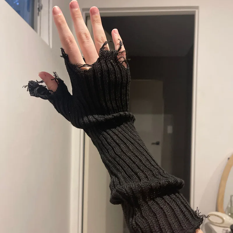 

New Girl Gloves Black Beige Tattered Punk Unisex Fingerless Cuff Knit Glove Women Men Elbow Mittens Broken Arm Warmer Gloves