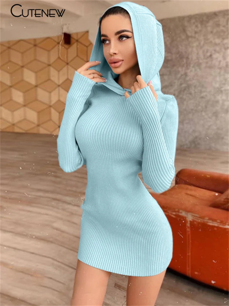 

Женское однотонное облегающее мини-платье Cutenew Y2K с длинным рукавом и капюшоном, осень 2021, простая повседневная облегающая стрейчевая женская уличная одежда