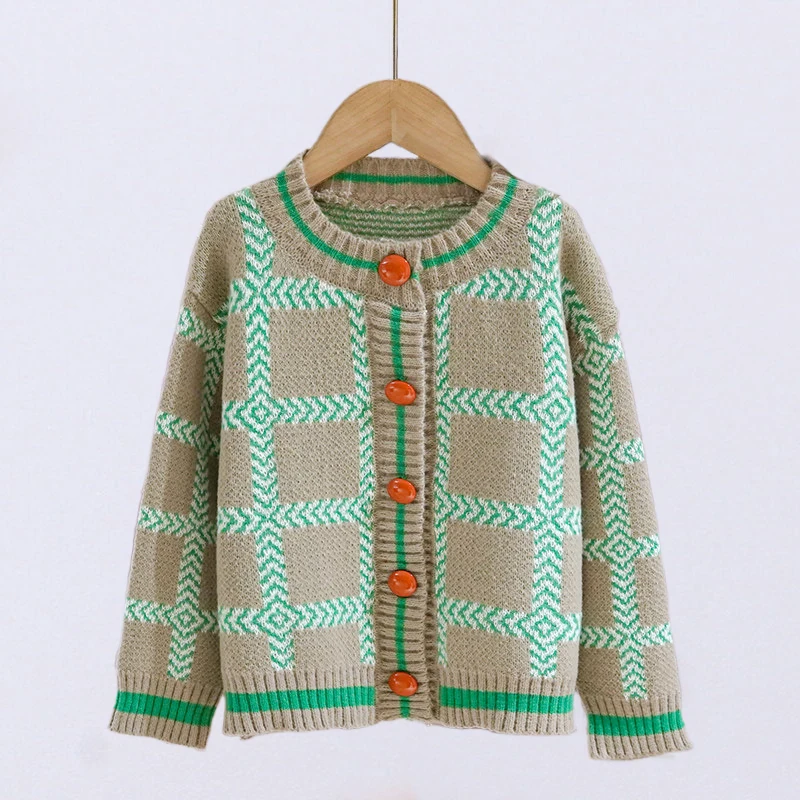 

Girls Green Plaid Knit Cardigans Fall Winter Cute Knitted Sweater Jacket Little Girl Single Breasted Top Clothes 4 yrs To 12 yrs