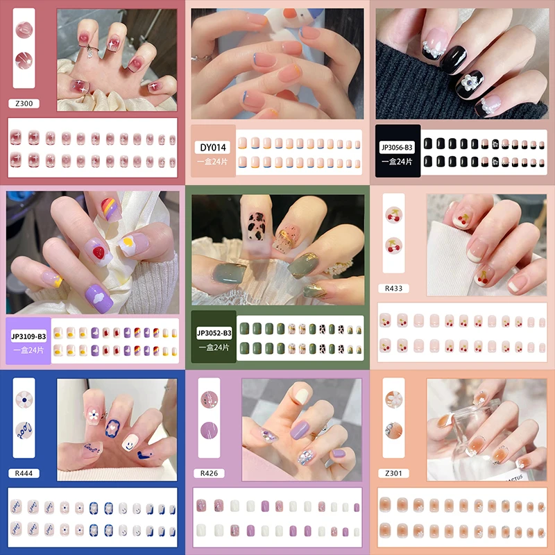 

24pcs Short Square Fake Nail Rhinestone Design Detachable French False Nails Wearable Full Cover Nail Tips Press On Nails