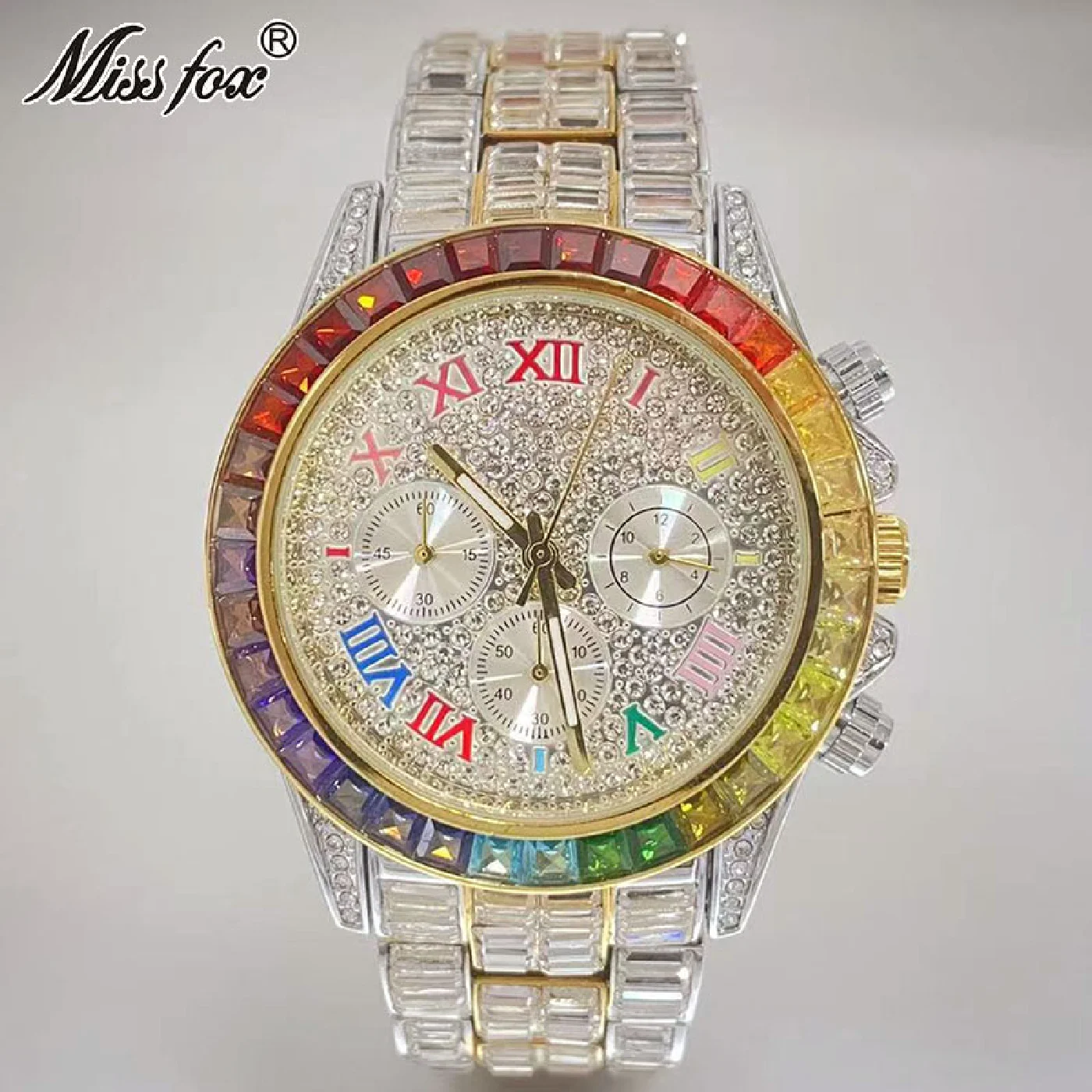 MISSFOX Gold Watches Luxury Men Hip Hop Brand Waterproof Quartz Clocks Rainbow Diamond Fashion Iced Wristwatch Man Free Shipping