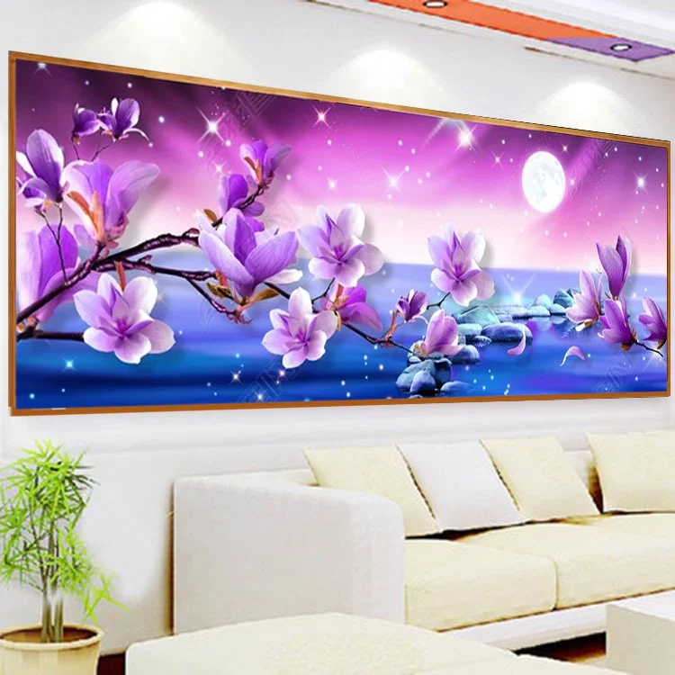 

5d Diy Full Diamond Painting Kits Purple Magnolia Flower Cross Stitch Wall Painting Diamond Embroidery Living Room Home Decor