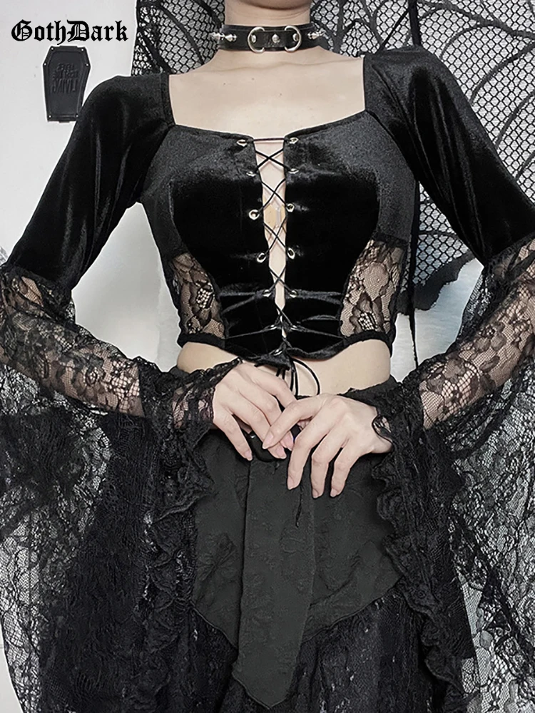 

Goth Dark Elegant Mall Gothic Lace Flare Sleeve Blouses Grunge Style Emo Velvet Sexy Women T-shirts Punk Bandage Alt Crop Tops
